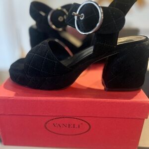 Vaneli Black Quilted Suede Block Heel Sandals with Ankle Strap